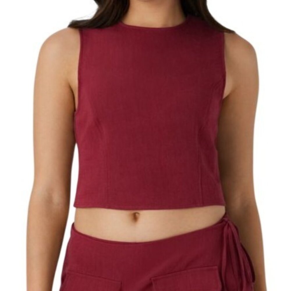 Halara Backless Tie Back Cropped Casual Linen Feel Tank~Size XL~Deep Wine L5 02 - Picture 2 of 10